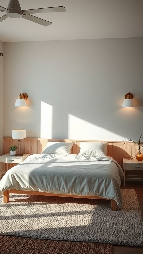 A bright beach-themed bedroom with layered lighting, featuring a bed, bedside lamps, and a ceiling fan.