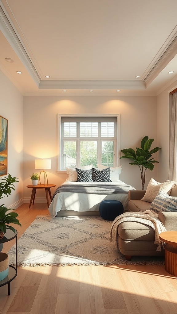 A well-lit living room showcasing layered lighting with overhead lights, table lamps, and accent lights.