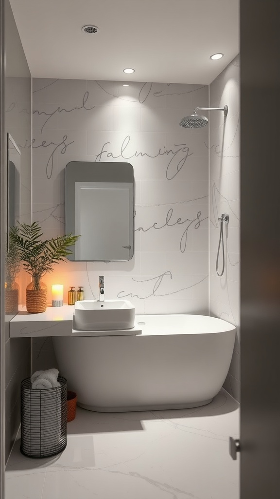Modern bathroom interior featuring layered lighting with recessed lights and candles