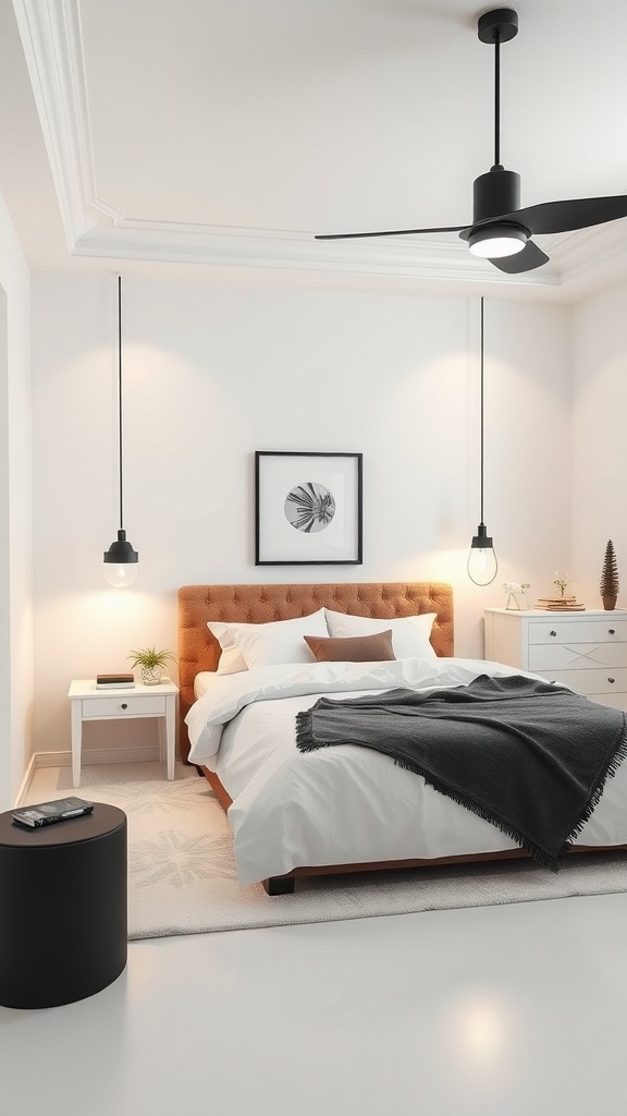 Monochrome bedroom with layered lighting solutions, featuring pendant lights and a ceiling fan.