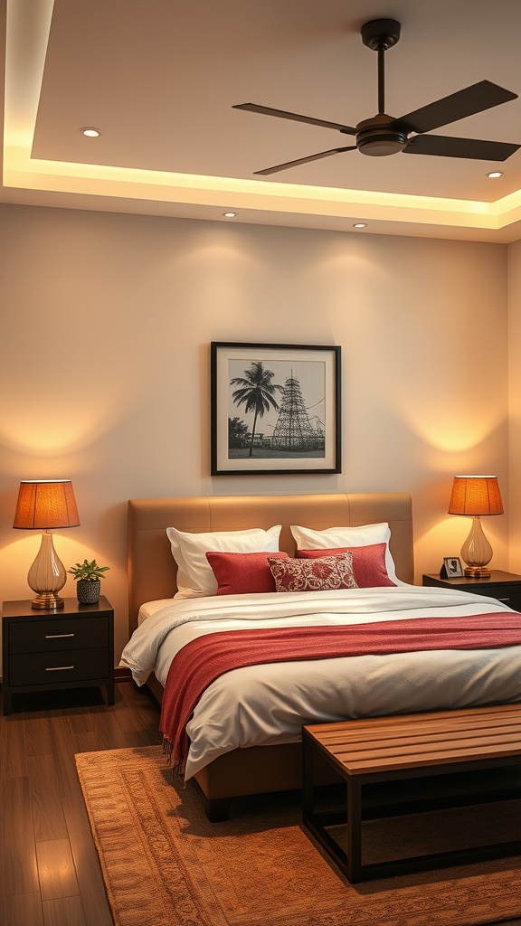 A modern Indian bedroom with layered lighting, featuring bedside lamps, ceiling lights, and a ceiling fan.