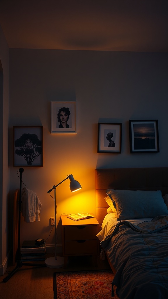 Cozy bedroom setup with layered lighting, featuring a bedside lamp, artwork on the wall, and a comfortable bed.