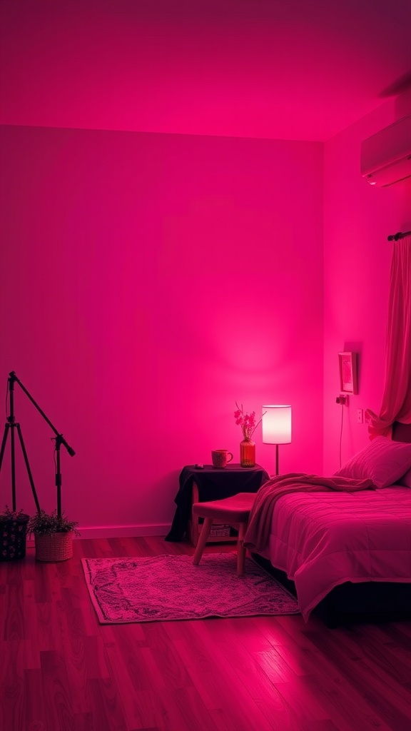 A pink and black bedroom featuring layered lighting techniques with soft pink walls, a lamp, and a cozy bed setup.
