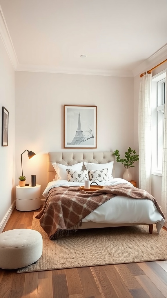 A cozy masculine small bedroom with layered lighting, featuring a bed, bedside lamp, and decorative elements.