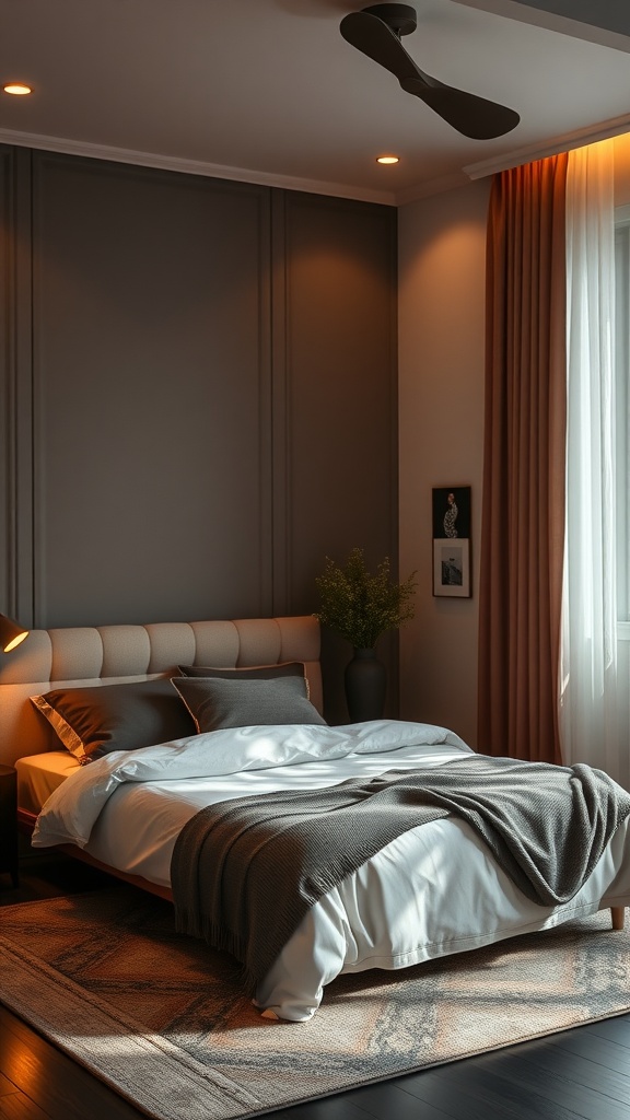 A cozy bedroom featuring layered lighting with a ceiling fan, recessed lights, and a bedside lamp, complemented by natural light from a window.