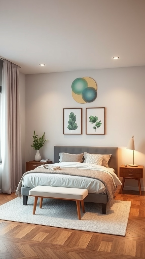 A cozy bedroom with layered lighting, featuring recessed lights, a bedside lamp, and natural light from curtains.