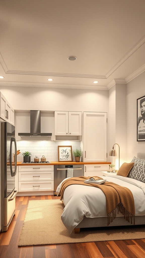 A cozy kitchen with layered lighting, featuring recessed lights, under-cabinet lighting, and a stylish lamp.
