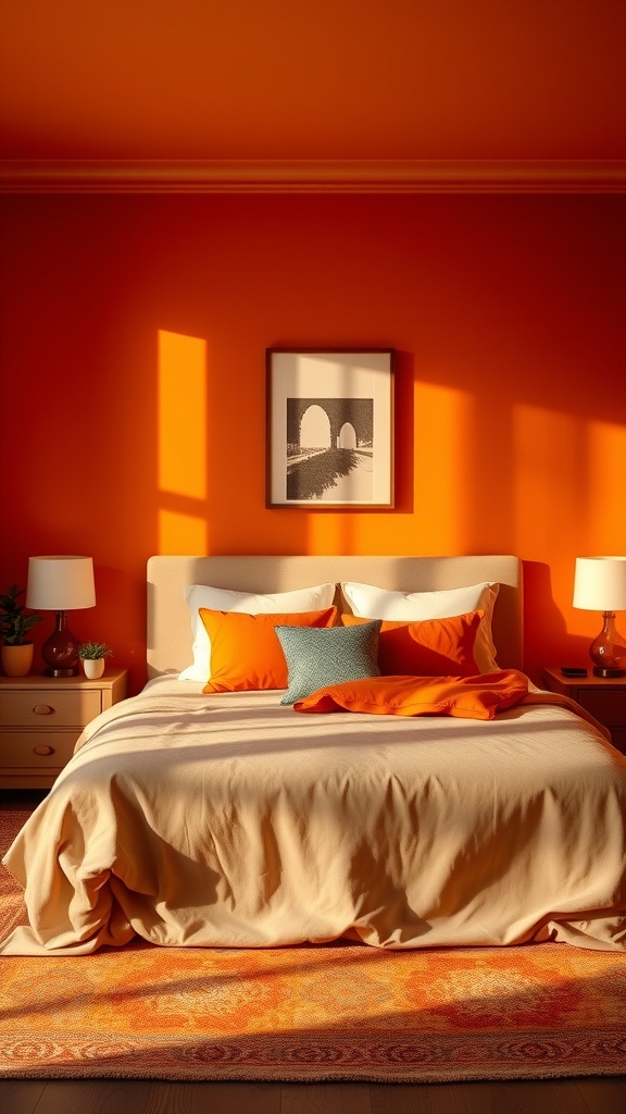 A cozy burnt orange bedroom featuring layered lighting with bedside lamps and natural light.