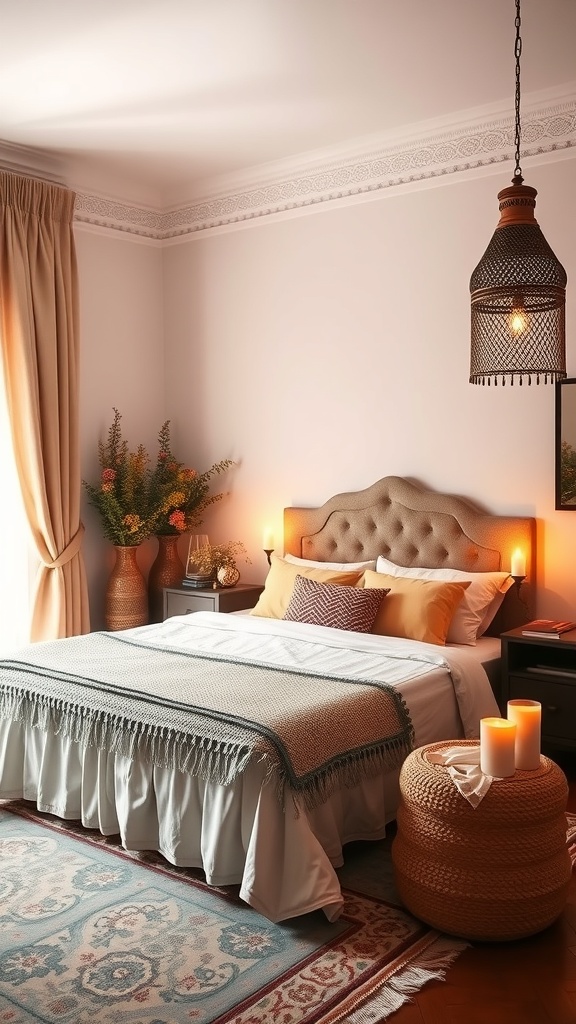 A cozy Moroccan-inspired bedroom featuring layered lighting with candles and a decorative lantern.