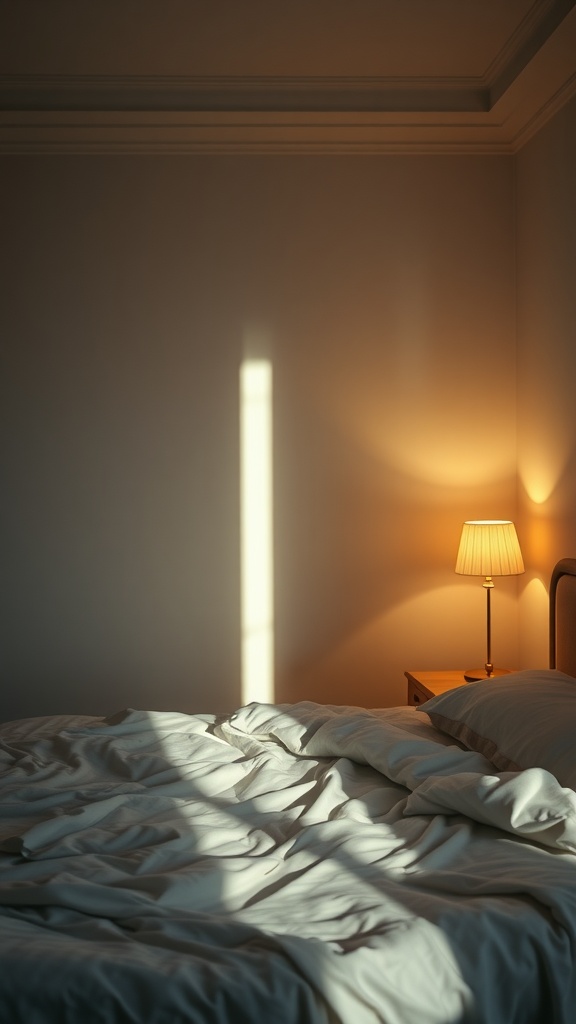 Cozy bedroom scene with a lamp and soft bedding, showcasing layered lighting