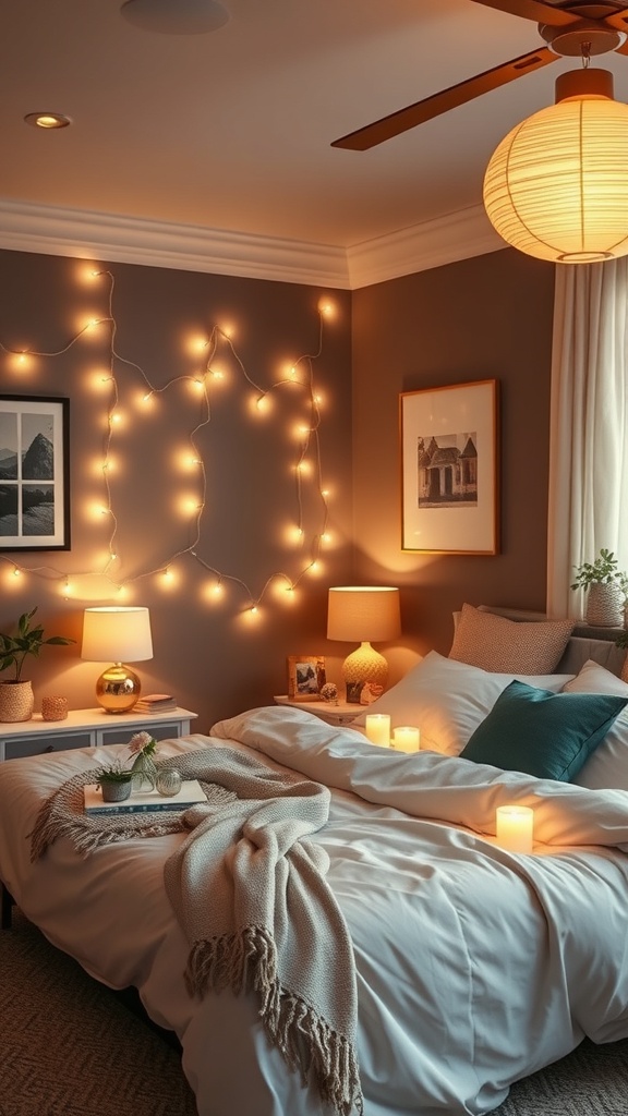 A cozy bedroom with fairy lights on the wall, bedside lamps, and candles creating a warm atmosphere.
