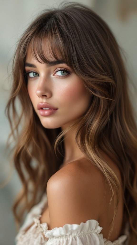 A young woman with layered long hair and bangs, looking at the camera.