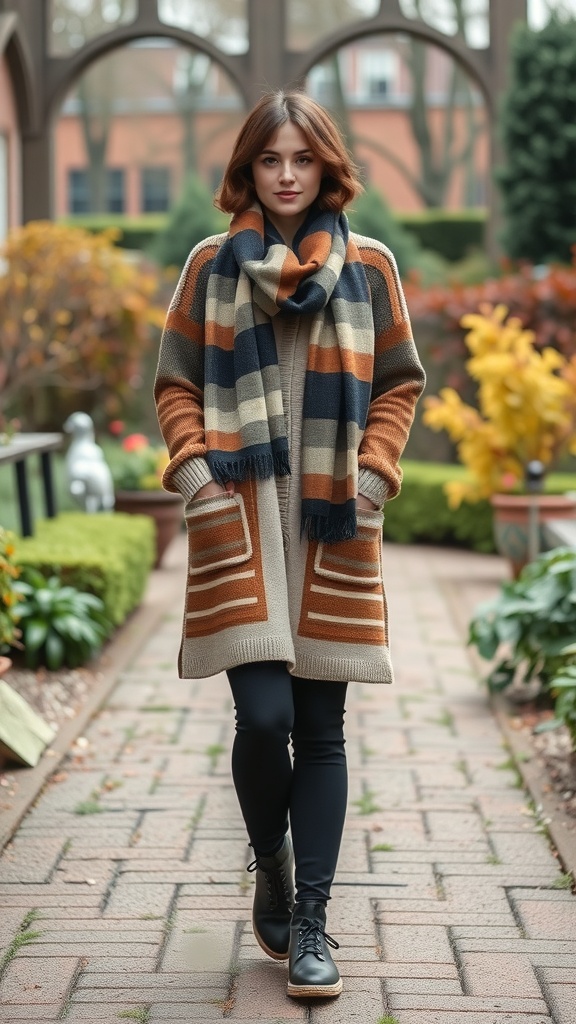 A model wearing a cozy cardigan and a stylish scarf in a garden setting.