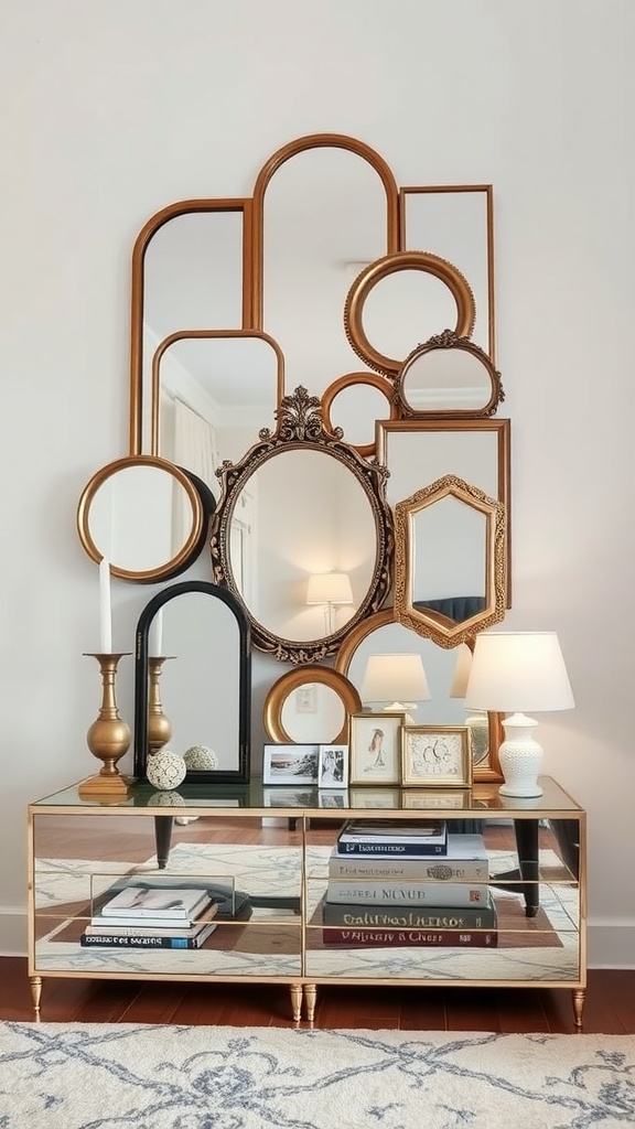 A creative arrangement of layered mirrors in various shapes and sizes, framed in gold, above a stylish console table.