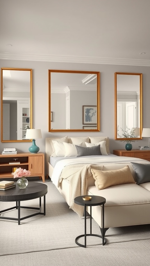 A stylish living room featuring three large layered mirrors with golden frames above a bed, creating depth and elegance.