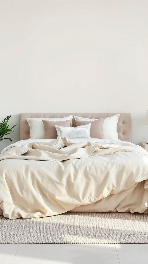 A cozy bedroom with layered neutral bedding, featuring a beige duvet, assorted pillows, and a plant beside the bed.