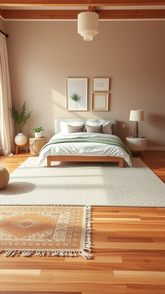 A cozy beige and brown bedroom featuring layered neutral rugs, a bed with soft pillows, and natural decor.