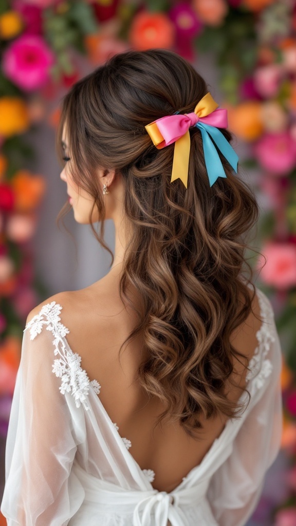 Woman with layered open hair adorned with colorful ribbons, standing in front of floral backdrop.