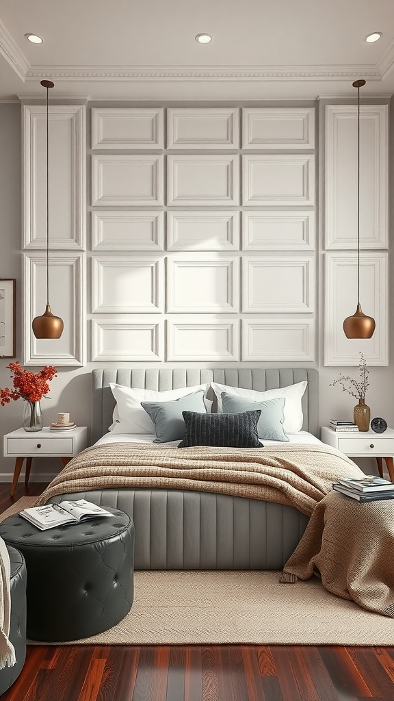 A modern bedroom featuring layered white paneling on the wall, a gray upholstered bed with decorative pillows, and warm pendant lights.