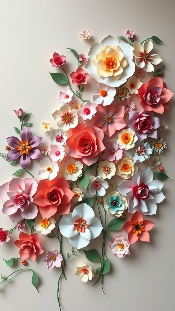 A colorful arrangement of layered paper flowers on a wall.