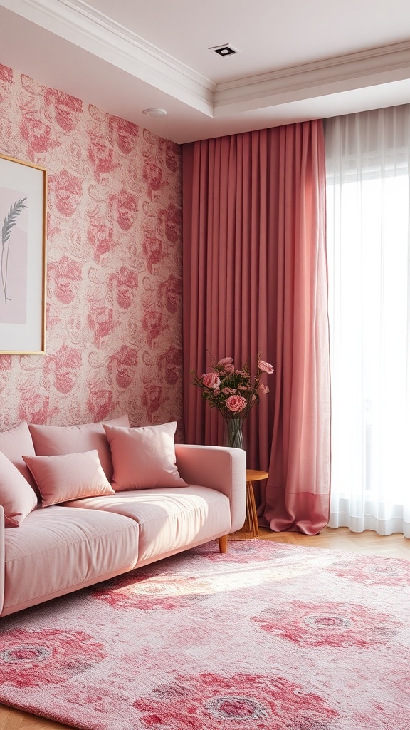 A pink living room with layered textures including a pink sofa, floral wallpaper, and curtains