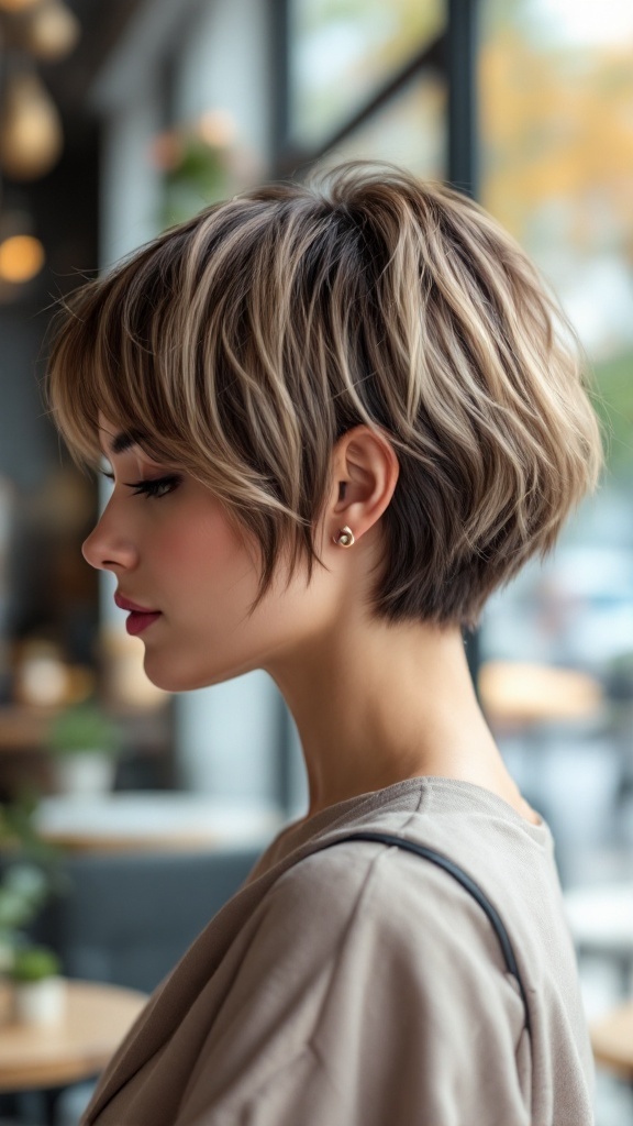 A woman with a layered pixie haircut styled with a claw clip accessory, showcasing a modern look.