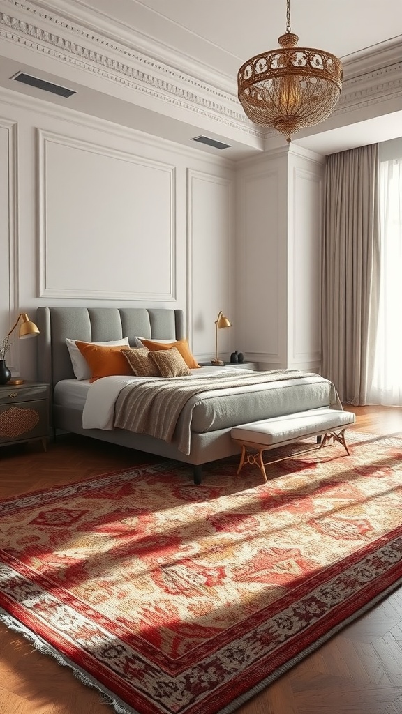A luxurious bedroom featuring a layered rug, elegant light fixture, and a modern bed setup.
