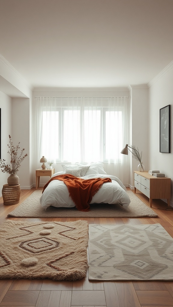 A neutral bedroom featuring layered rugs with a soft color palette and cozy textures.