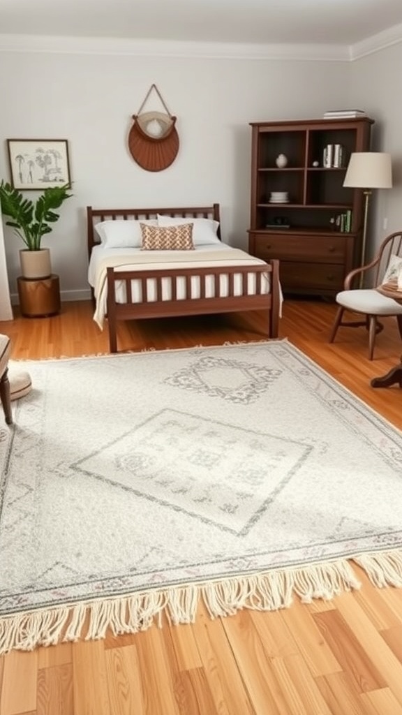 A cozy room featuring a layered rug on wooden flooring, a bed, and a bookshelf.