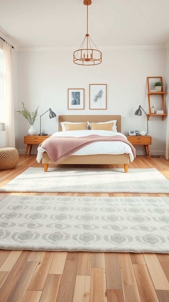 A neutral bedroom featuring layered rugs, a bed with soft bedding, and warm wooden flooring.