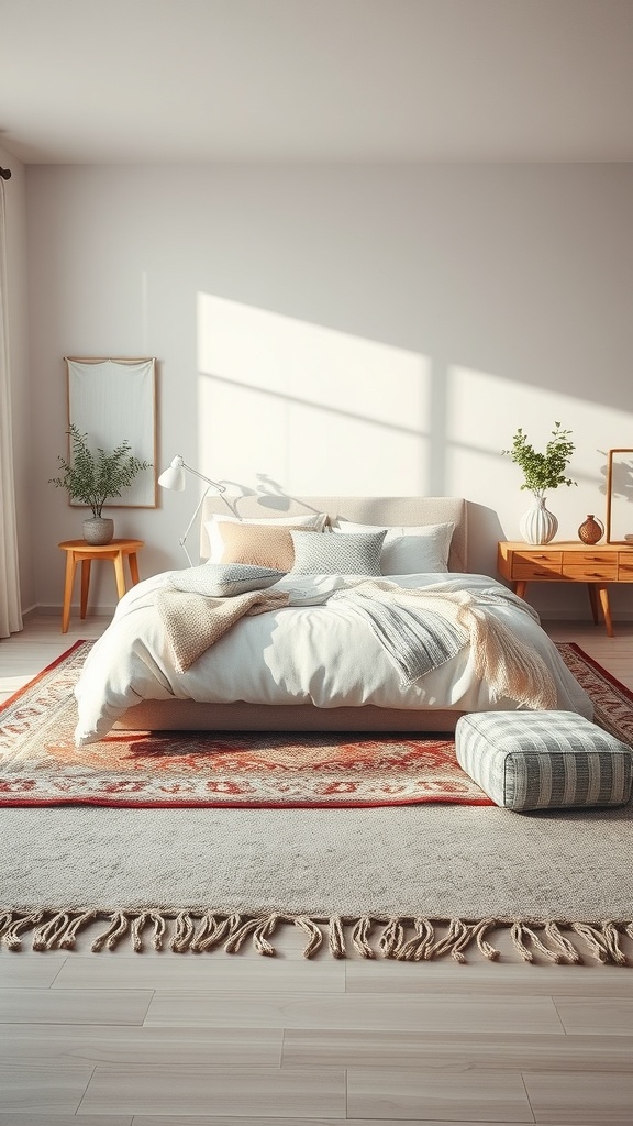 A cozy neutral bedroom featuring layered rugs, a white bed with soft blankets, and wooden furniture.