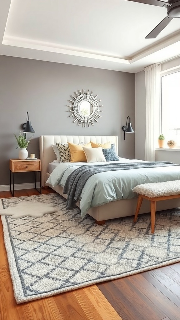 A stylish bedroom featuring layered rugs, a comfortable bed, and modern decor.
