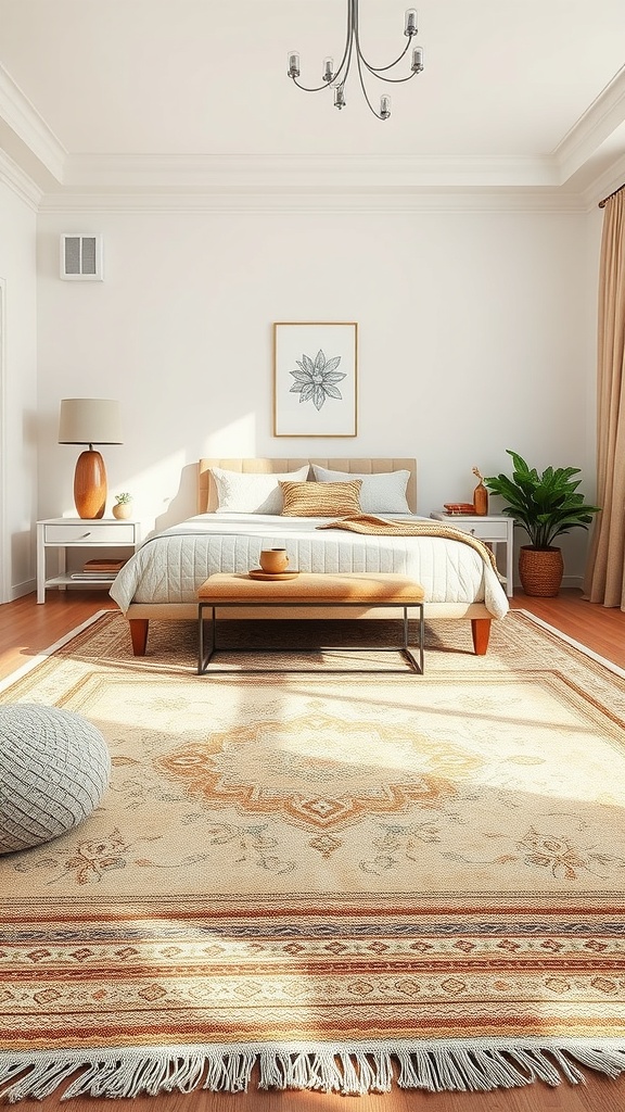 A cozy bedroom featuring layered rugs, a bed, and warm decor.