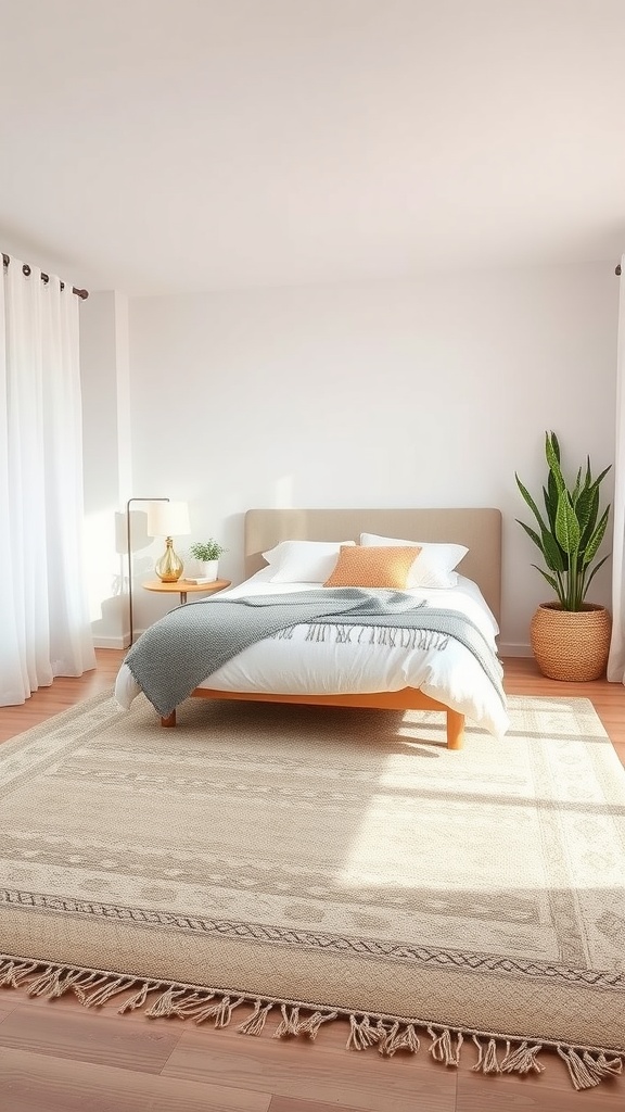 A cozy neutral aesthetic bedroom with layered rugs, plants, and soft lighting.
