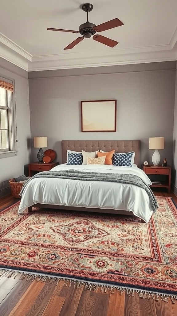 A cozy bedroom featuring layered rugs, a bed with soft linens, and warm lighting.