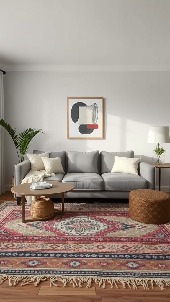 A cozy living room featuring a grey couch, layered rugs, and modern decor.