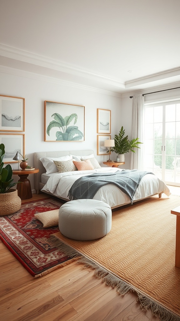 A stylish living room with layered rugs, featuring a neutral base rug and a colorful patterned rug, complemented by a cozy bed and plants.