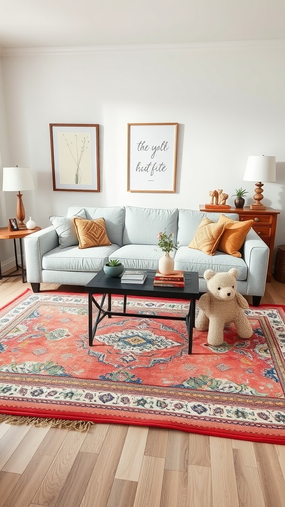 A cozy living room featuring a light gray couch, layered rugs, and a coffee table.