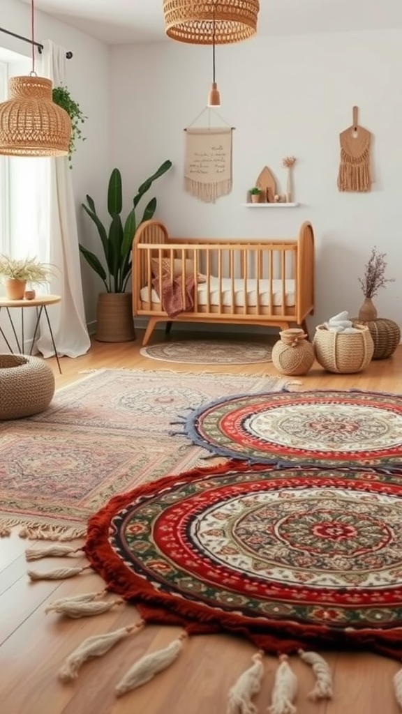 Cozy boho nursery with layered rugs, featuring vibrant circular rugs and a soft larger rug on the floor.