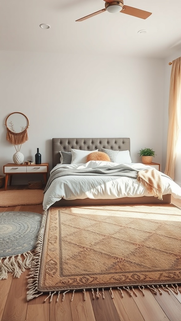 A cozy bedroom featuring layered rugs, a bed with soft bedding, and natural wood flooring.