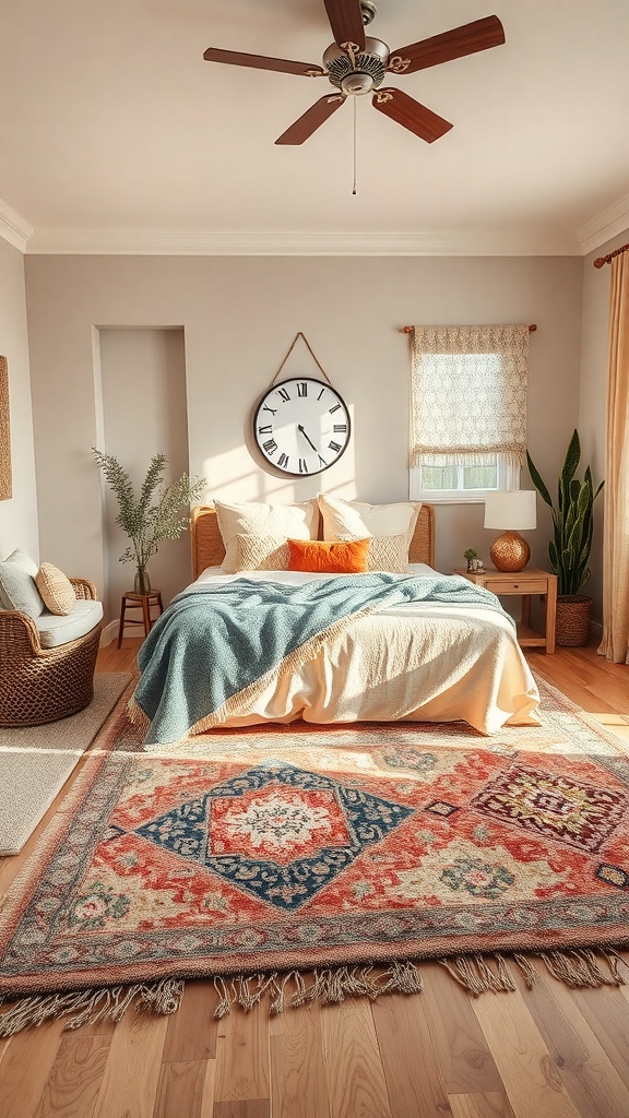 A cozy bedroom featuring layered rugs, a bed with soft blankets, and warm wooden flooring.