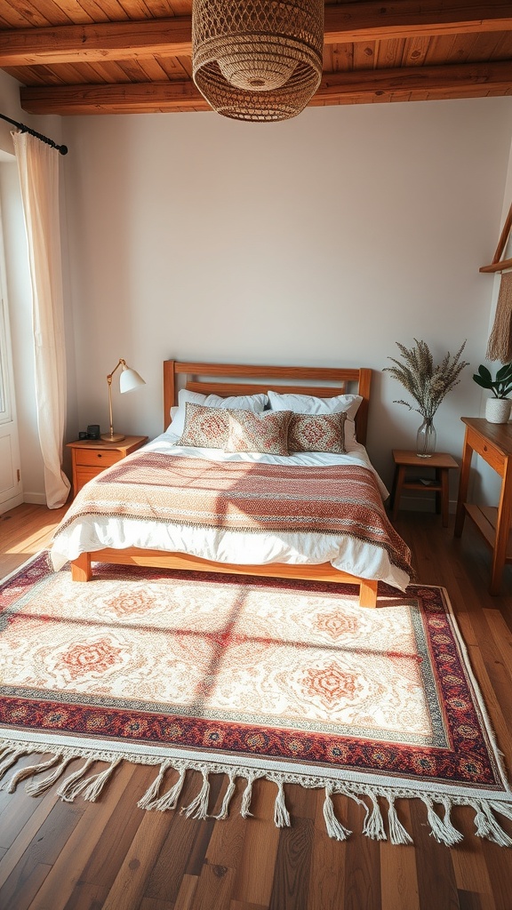 A bohemian bedroom with layered rugs, featuring a large patterned rug and a smaller textured rug, creating a warm and inviting atmosphere.