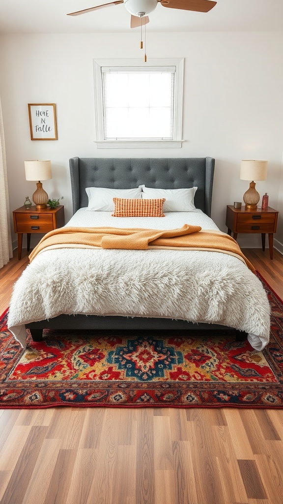 A cozy bedroom featuring a layered rug setup, with a colorful patterned rug underneath a fluffy white rug.