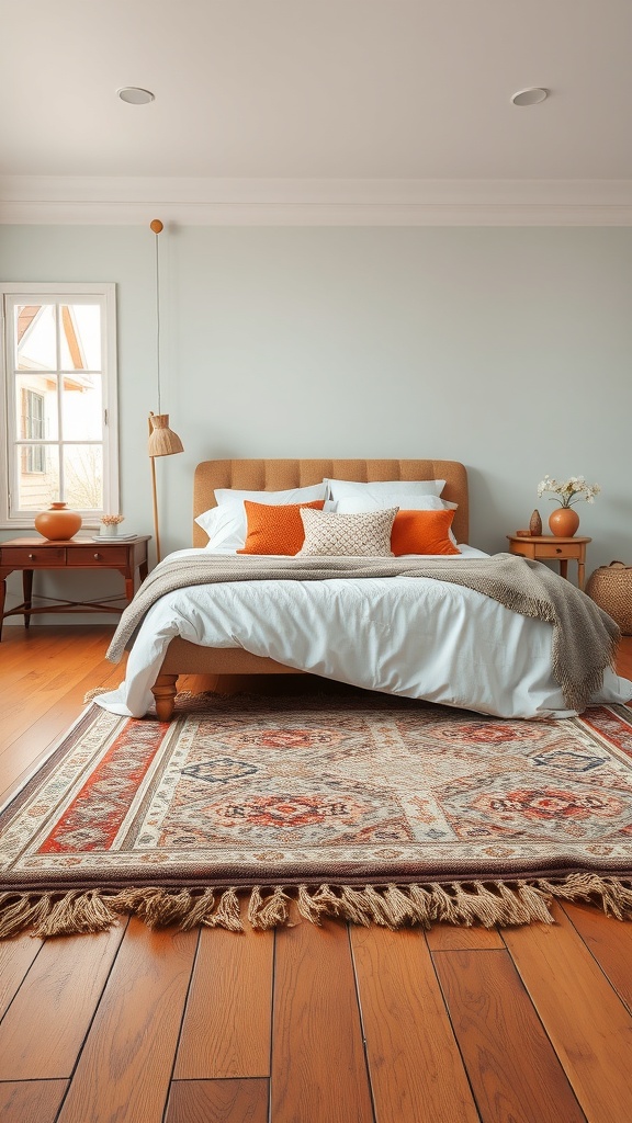 A cozy bedroom featuring layered rugs with warm tones, a bed with decorative pillows, and wooden flooring.