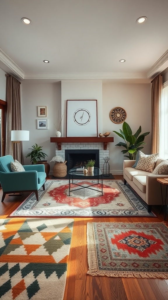 A cozy living room featuring layered rugs with different patterns and colors, enhancing the warmth and style of the space.