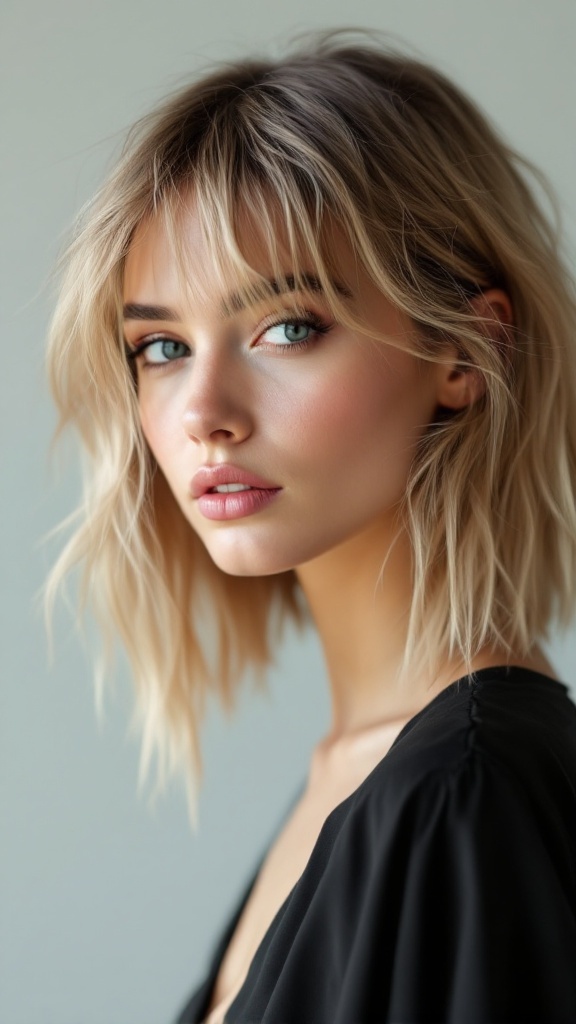A woman with layered shag haircut, featuring soft waves and bangs, looking stylish and edgy.