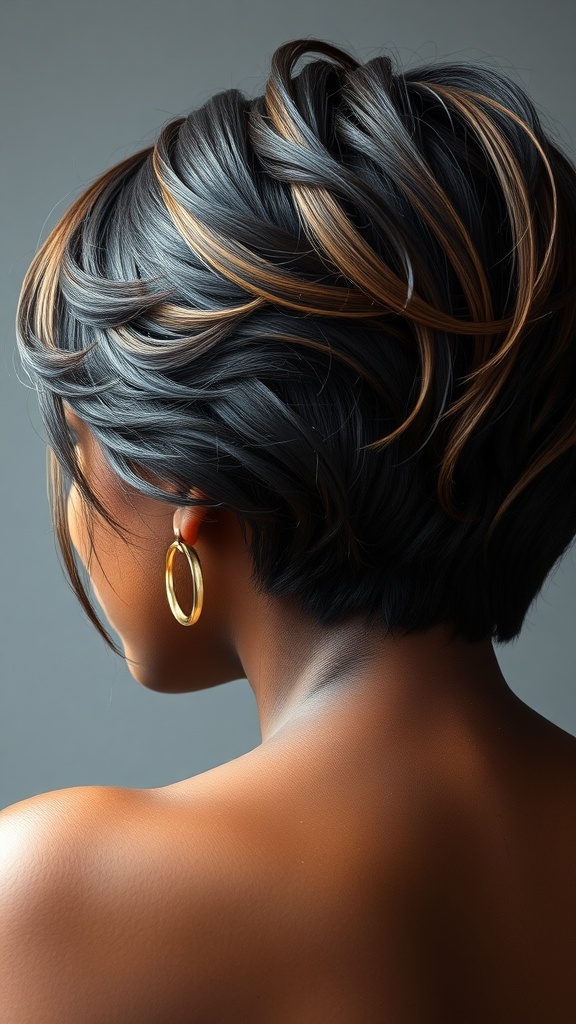 A layered short hairstyle featuring soft waves and subtle highlights, showcasing the back view of a woman's hairstyle.