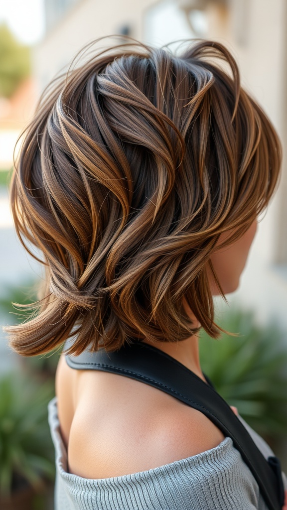 A layered short haircut showcasing flowing layers and highlights