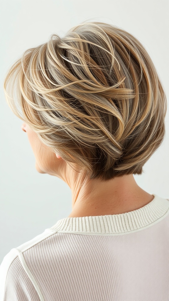 A layered shoulder-length hairstyle on a woman, showing soft flowing layers and natural bounce.