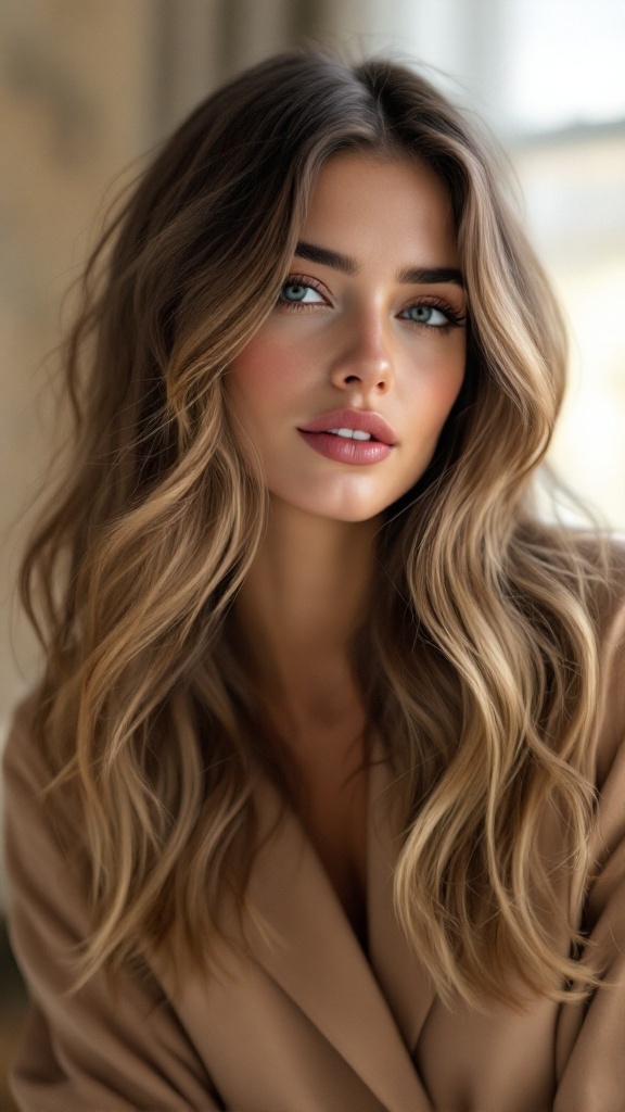 A woman with medium-length hair styled with layered side bangs and soft waves.
